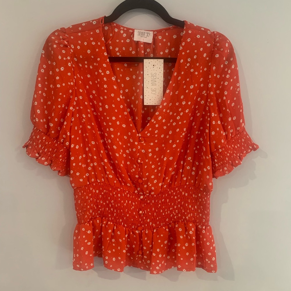 4/$20 Red floral shirred waist blouse